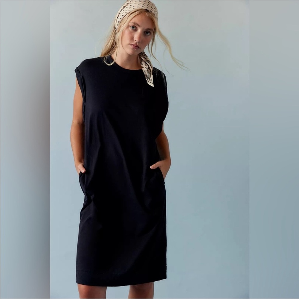 NEW! Free People free-est Nadia LARGE Black Midi Knee Length Dress Short Sleeve